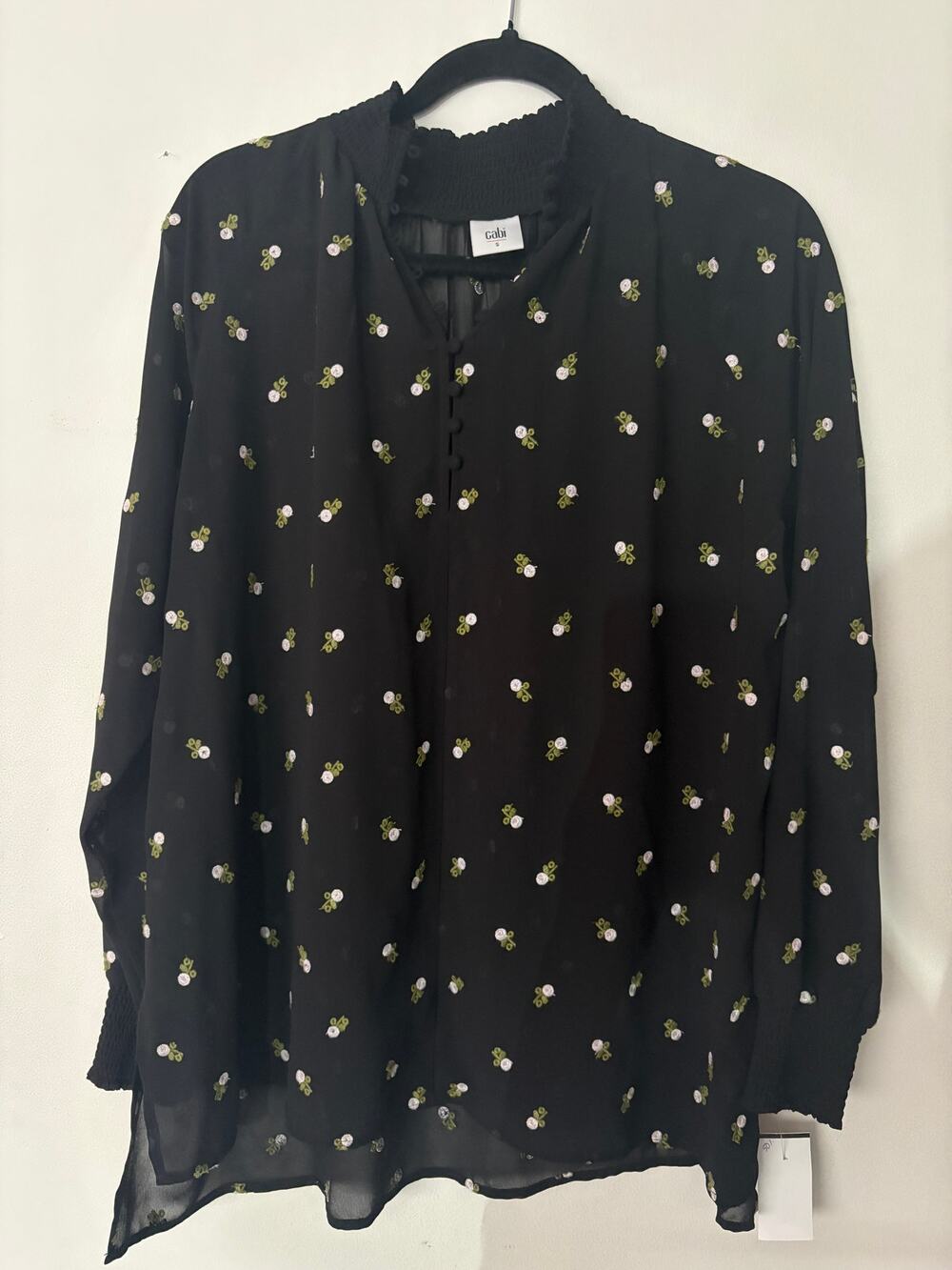 Cabi Alegria Embroidered Floral SheerTop Black Sz S